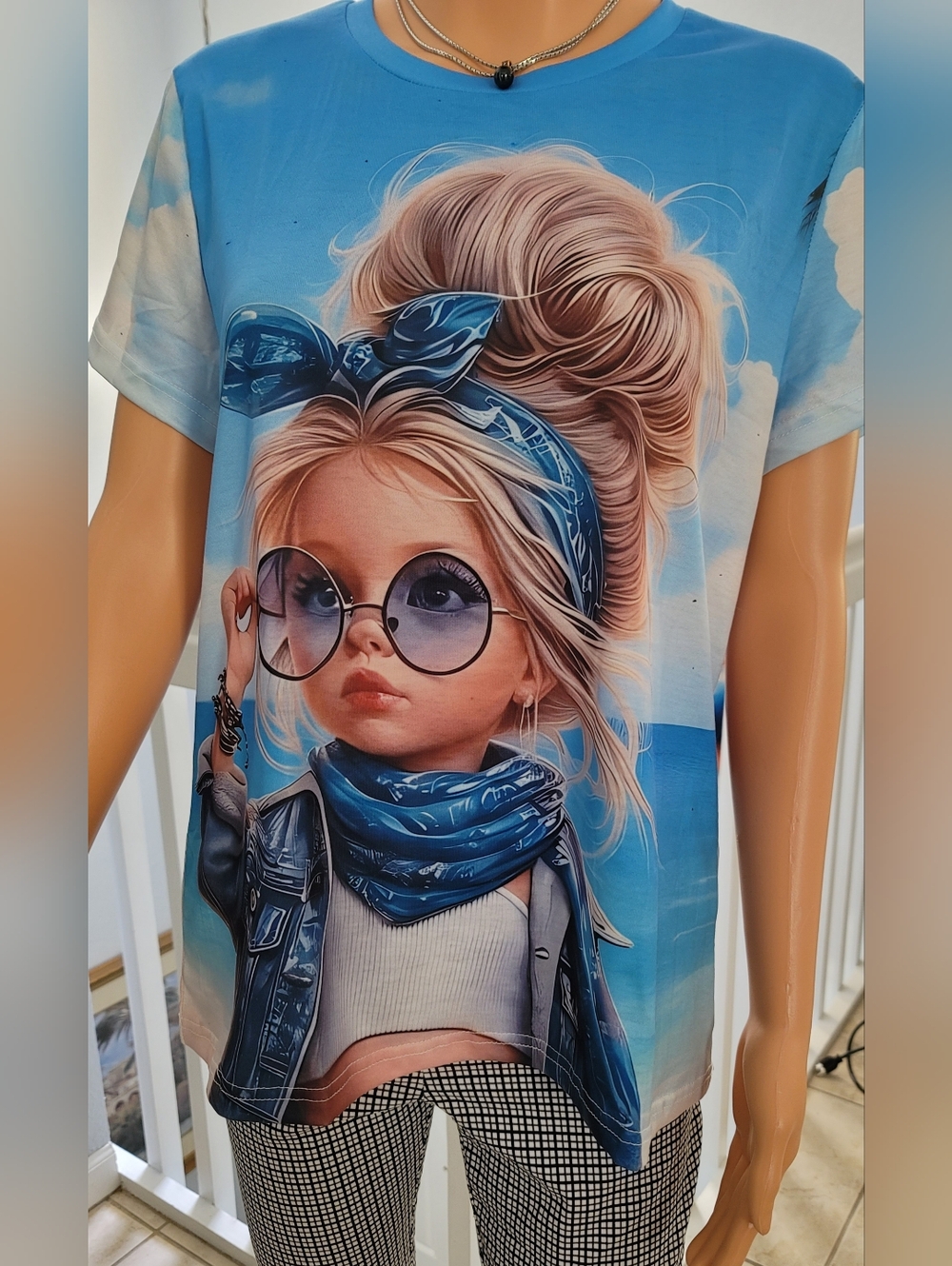 Blue Graphic Girls' Short Sleeve Tee with Doll Portrait